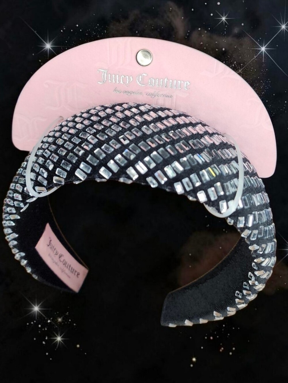 Juicy Couture Black Crystal Embellished Grid Padded Headband NWT